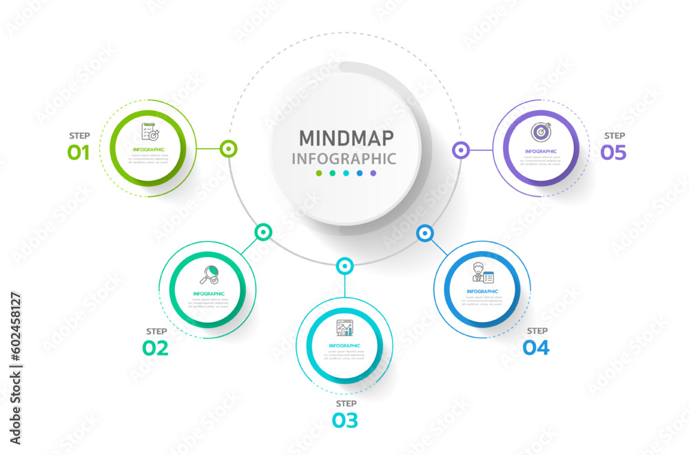 Infographic template for business. 5 Steps Modern Mindmap diagram with circle topics, presentation vector infographic. Infographic template for business. 5 Steps Modern Mindmap diagram with circle topics, presentation vector infographic.