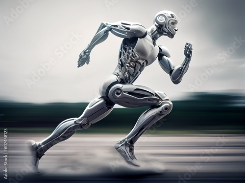 A fast running humanoid muscular robot athlete on an isolated background. Generative AI