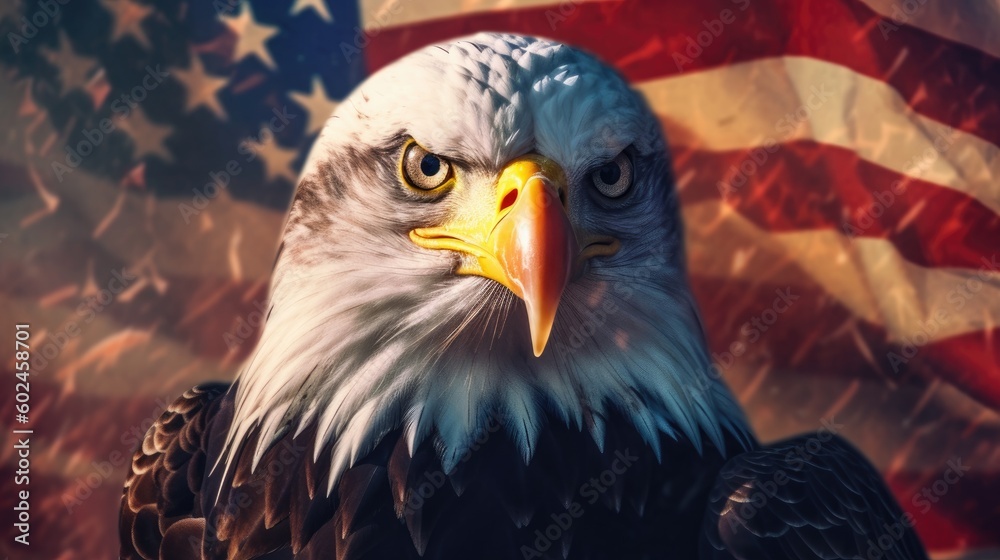 Fototapeta premium Sharp gaze of eagle with american flag background