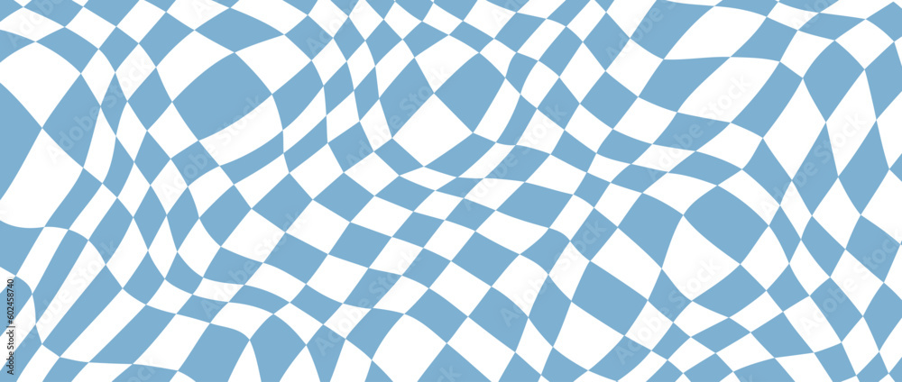 Retro distorted checkerboard background. Blue trippy psychedelic checkered wallpaper. Wavy pool surface. Abstract twisted groovy geometric pattern. Vector backdrop