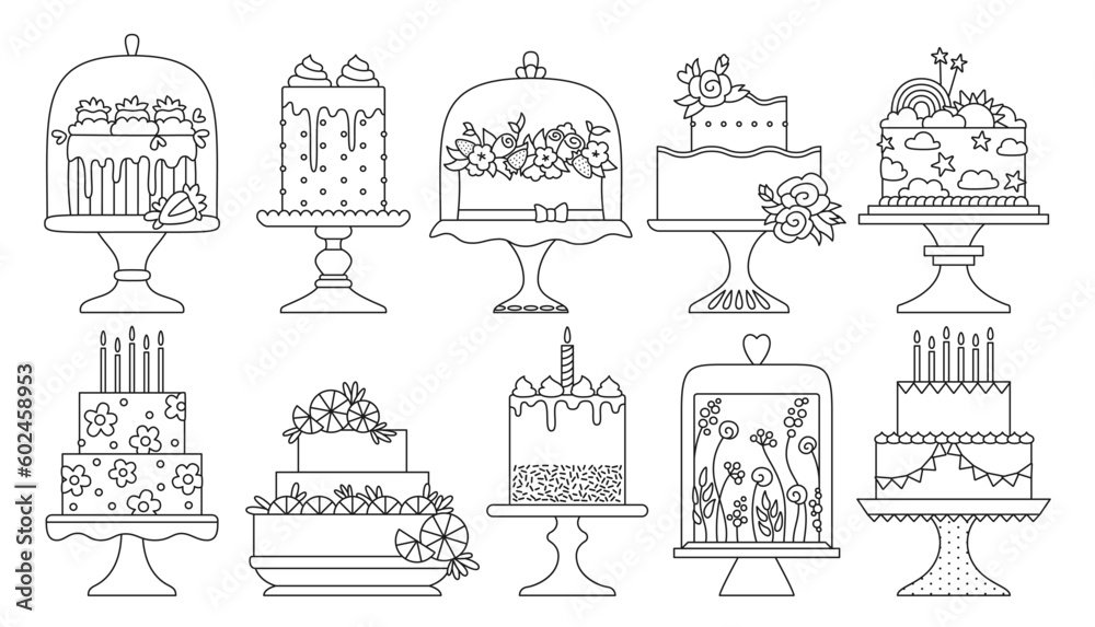 Birthday and wedding cakes celebration desserts doodle set. Party delicious cupcake sweet bakery collection. Holiday decoration tasty cake, anniversary invitation card, pastries linear vector design Birthday and wedding cakes celebration desserts doodle set. Party delicious cupcake sweet bakery collection. Holiday decoration tasty cake, anniversary invitation card, pastries linear vector design