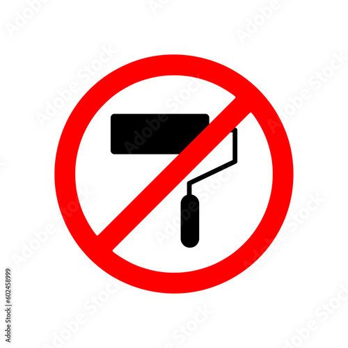 No painting sign. Vector illustration of red crossed out circle sign with paint roller icon inside. Do not paint prohibition on white..eps