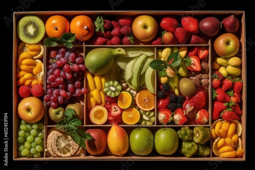 There are partitions of different sizes in the kraft paper carton packaging, and different fruits are placed in each partition, Generative AI