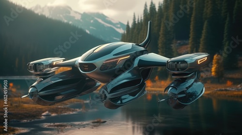 Futuristic flying car at lake photo