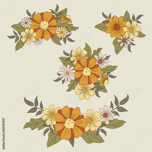 Daisy flowers border. Vector illustrations set. Flat style design element for poster, banner, party invitation, summer concept.