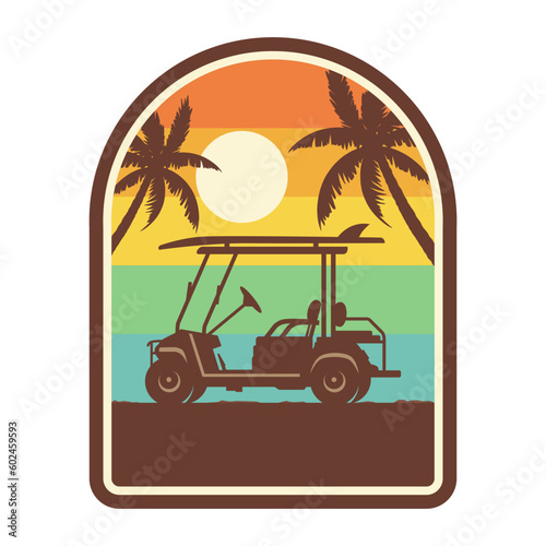 GOLF CART SUNSET VECTOR ILLUSTRATION