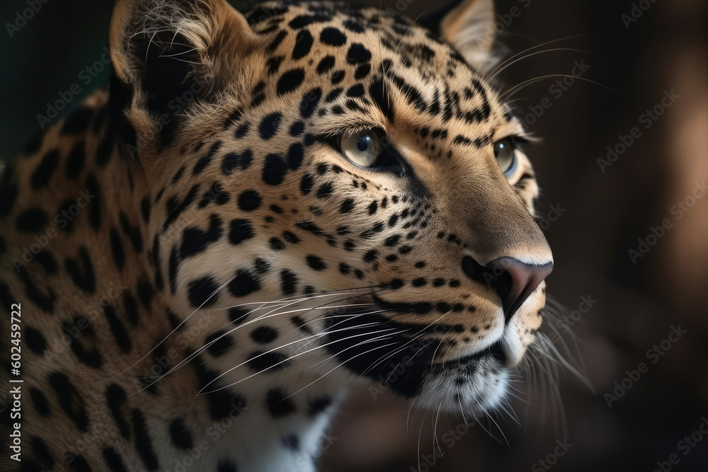 Close up portrait of a leopard. Dangerous predator in natural habitat. Wildlife scene, generative AI