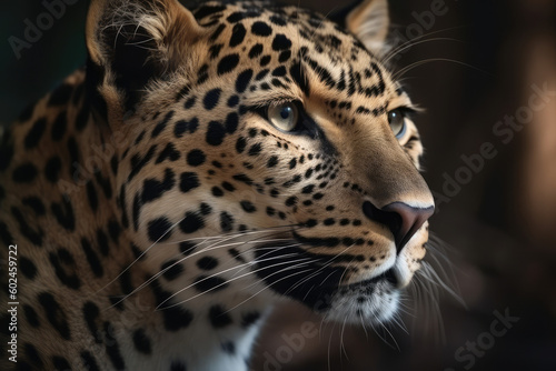 Close up portrait of a leopard. Dangerous predator in natural habitat. Wildlife scene, generative AI © Kien