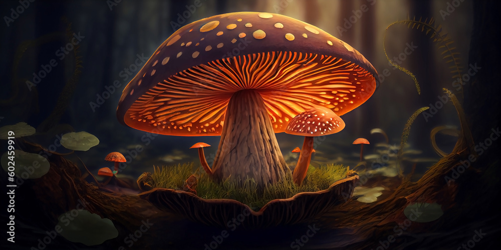 Glowing magic mushroom in a fairy forest, close-up. Generative AI Glowing magic mushroom in a fairy forest, close-up. Generative AI