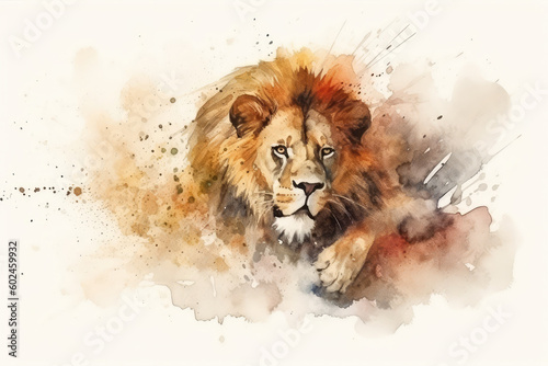 Watercolour abstract animal painting of an isolated male lion running in the jungle with dust and sand which could be used as a poster or flyer, generative AI