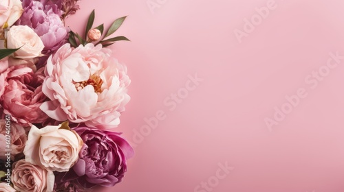 Floral Composition of Peonies and Roses on Pink Background with copy space