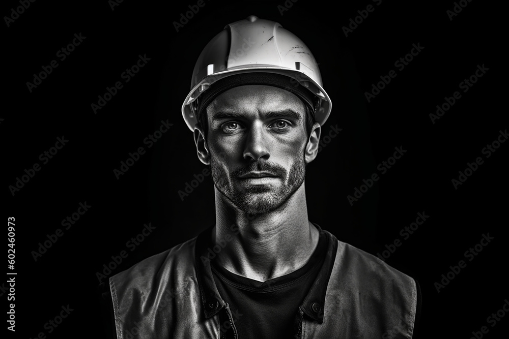 Fototapeta premium Black and white photorealistic studio portrait of a construction worker with hard hat on black background. Generative AI illustration