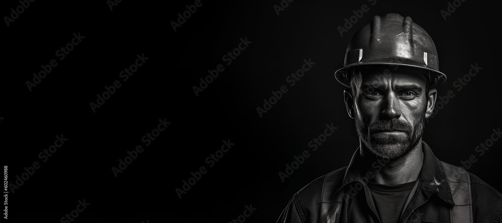 Black and white photorealistic studio portrait of a construction worker ...
