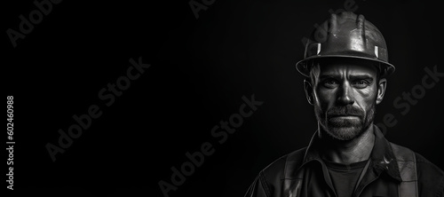 Black and white photorealistic studio portrait of a construction worker with hard hat on black background