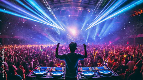 a DJ plays a massive set, in a venue, at a festival, bright neon lasers hit the crowd, Generative AI