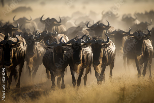 a herd of wildebeest running in the masai mara national park, generative AI