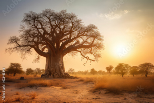 Fotobehang African baobab in the savannah at sunrise, generative AI