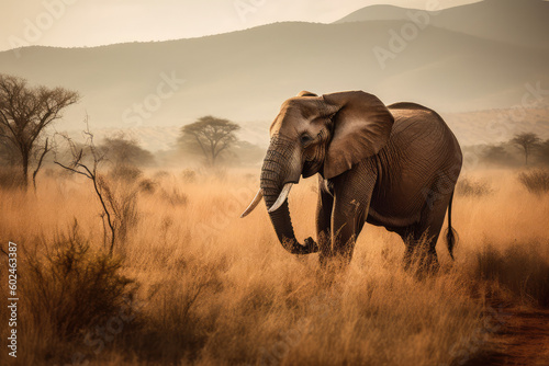 Amazing picture of an African elephant grazing in the savanna  generative AI