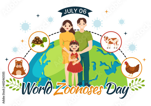 World Zoonoses Day Vector Illustration on 6 July with Family, Various Animals which is in the Forest in Kids Cartoon Hand Drawn Landing Page Templates