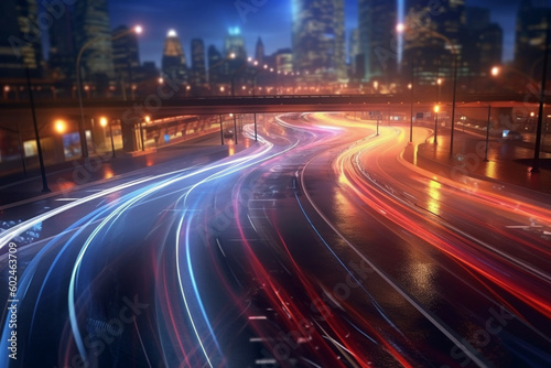 traffic on highway at night Urban Movement Dynamic Light Trails Photography,  Generative AI © Tahsin