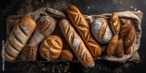 Assortment of baked bread on black background. Composition of various breads. Food and bakery in kitchen concept. Generative AI