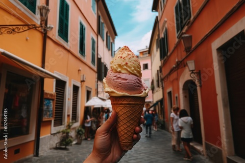  hand holding soft ice cream against street and building backdrop. ice cream day.Generative AI © Margo_Alexa