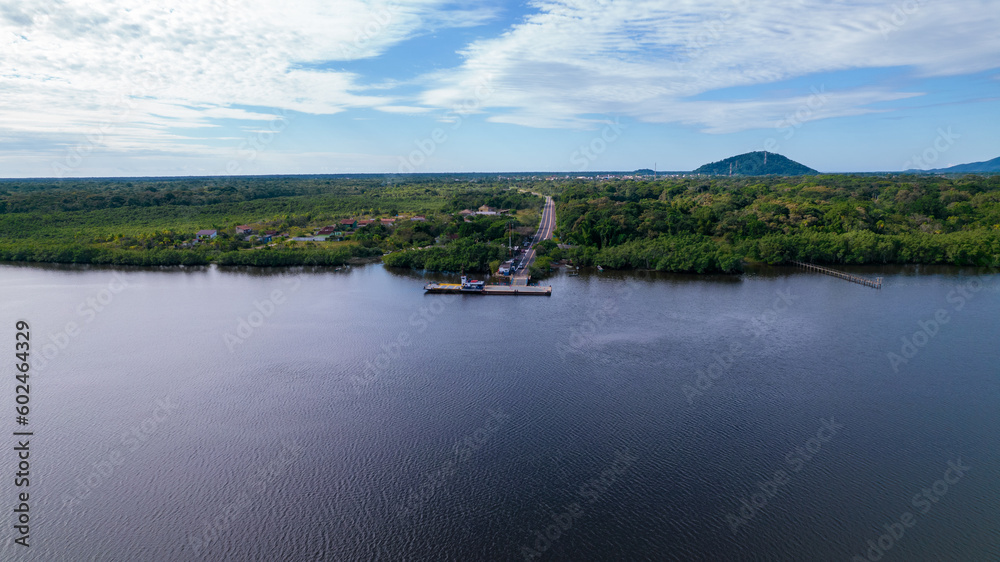 Aerial view of the city of Cananéia. Mangrove and sea at Ilha do Cardoso state park