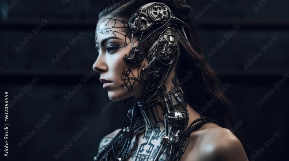 Cyber woman with creative make-up. Technology and future concept. Isolated on a dark textured background. Generative AI. Cyber woman with creative make-up. Technology and future concept. Isolated on a dark textured background. Generative AI.