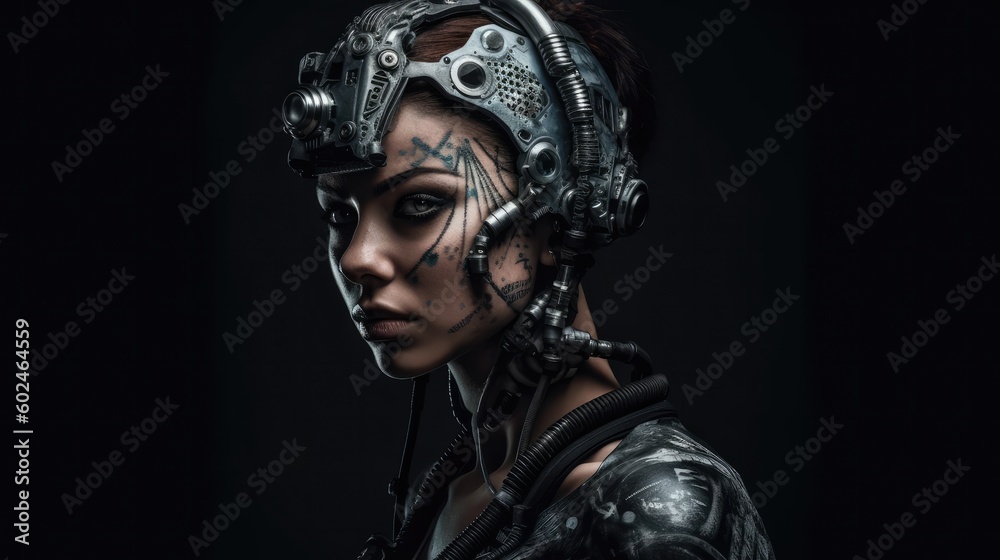 Cyber woman with creative make-up. Technology and future concept. Isolated on a dark textured background. Generative AI.