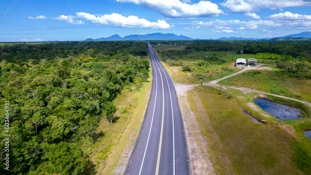 Aerial view of the road in the city of Cananéia. Highway in Pariquera Açu