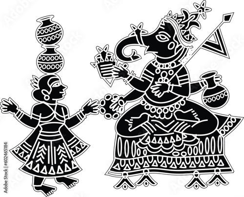Illustration of Lord Ganpati/Ganesha drawn in Pinguli folk art style of Maharashtra India. for textile printing, logo, wallpaper