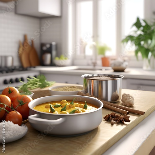 Delicious rice and curry traditional food in India and Asian. Chicken, Potato, garlic and many more spices. Created with Generative AI technology.