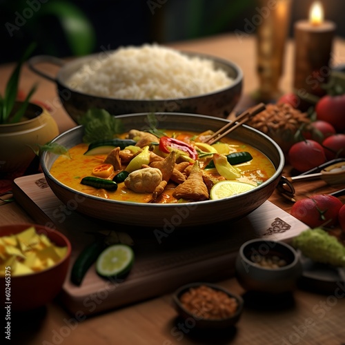 Delicious rice and curry traditional food in India and Asian. Chicken, Potato, garlic and many more spices. Created with Generative AI technology.