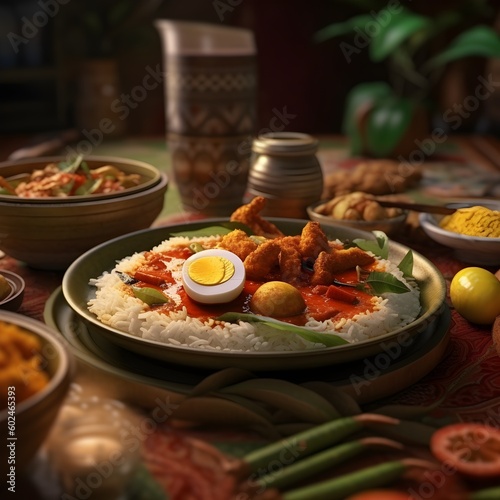 Delicious rice and curry traditional food in India and Asian. Chicken, Potato, garlic and many more spices. Created with Generative AI technology.