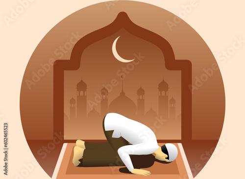 illustration of a man who is prostrate during prayer.  Muslim, people praying, people prostrate, eid al fitr, eid al adha ,stock, images, photos, stock photos,