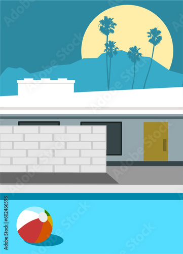 Retro-mid-century modern home and backyard with swimming pool in minimalist style #602466596