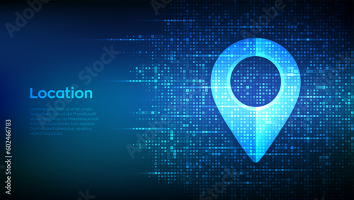 Point of location sign made with binary code. Pointer of map. Matrix background with digits 1.0. Gps pointer graphic element. Navigation pin point global position system symbol. Vector illustration.