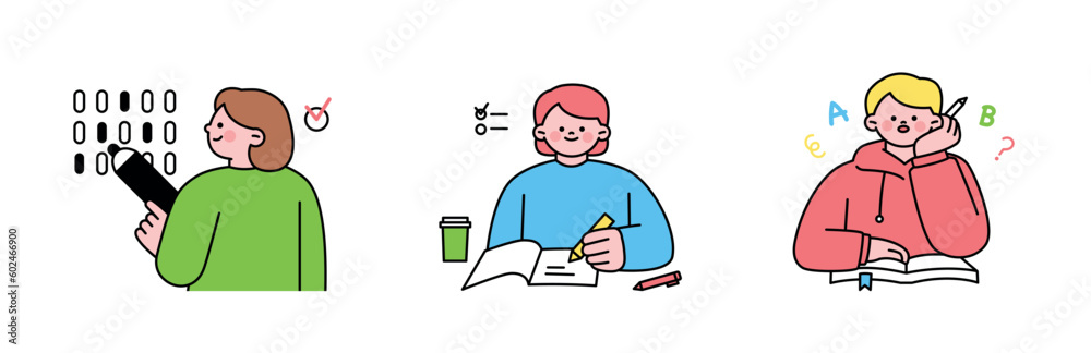 Education. Students studying hard and taking exams. OMR cards, incorrect answer notes, English study.
