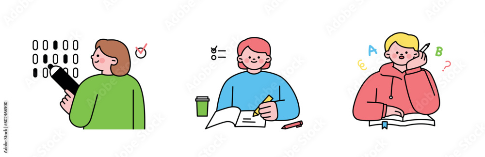 Education. Students studying hard and taking exams. OMR cards, incorrect answer notes, English study. Education. Students studying hard and taking exams. OMR cards, incorrect answer notes, English study.