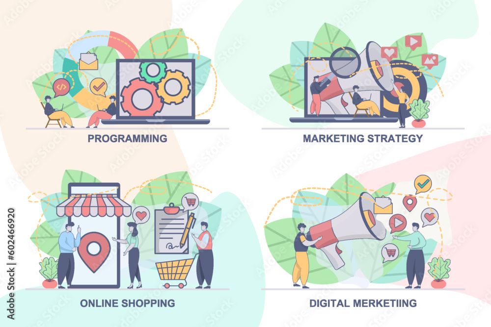 Set of web page design templates for programming, online shopping, marketing strategy, digital marketing. Modern vector illustration concepts for website and mobile website development.