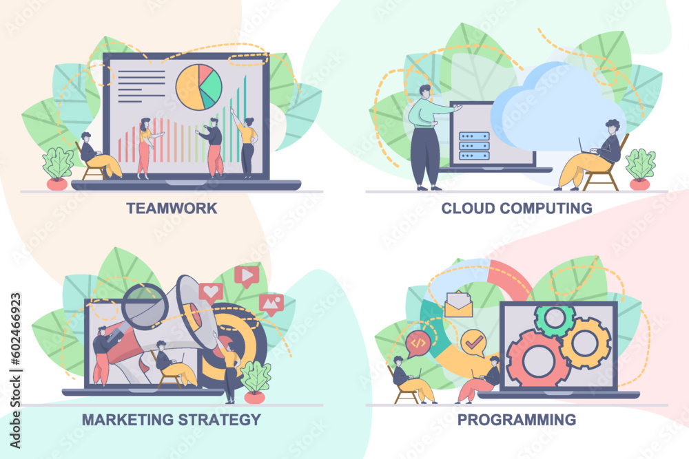Set of web page design templates for cloud computing, programming, teamwork, marketing strategy. Modern vector illustration concepts for website and mobile website development.
