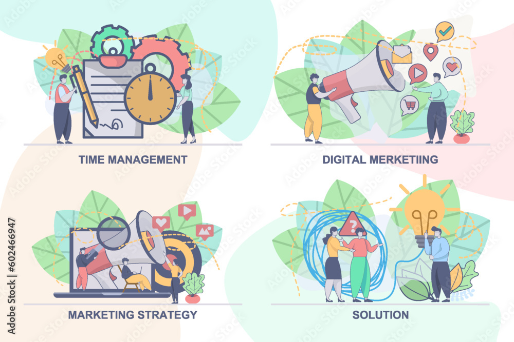 Fototapeta premium Set of web page design templates for time management, marketing strategy, digital marketing, solution. Modern vector illustration concepts for website and mobile website development.