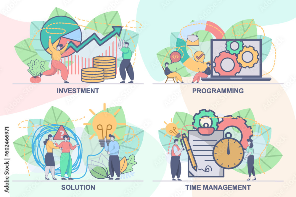 Fototapeta premium Set of web page design templates for investment, solution, programming, time management. Modern vector illustration concepts for website and mobile website development.