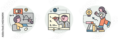 Education. Students studying hard and taking exams. Online lectures, teachers lecturing, students climbing book stairs.