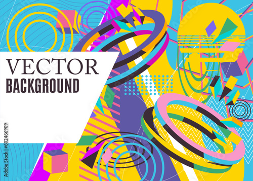Retro geometric background with old geometrical shapes. Abstract busy psychodelic volumetric vector. Simple banner, poster. Vibrant graphic art cartoon illustration.