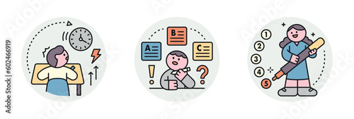 Education. Students studying hard and taking exams. Choose test time, confusing test questions, multiple choice answers.