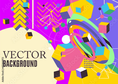 Retro geometric background with old geometrical shapes. Abstract busy psychodelic volumetric vector. Simple banner, poster. Vibrant graphic art cartoon illustration.