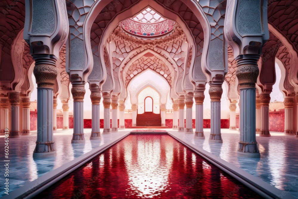 Islamic architecture interior, red water, palace. Generative AI