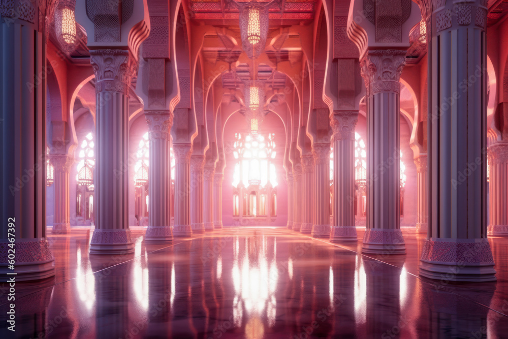 Islamic architecture interior, red, mosque, palace. Generative AI