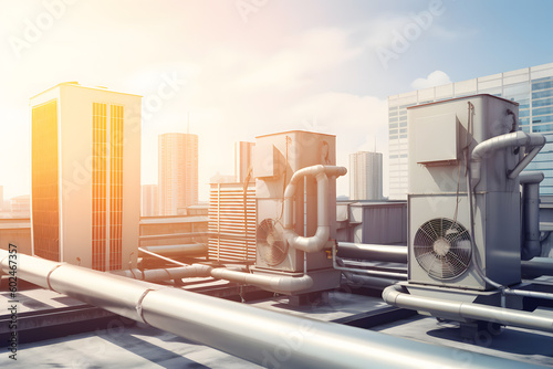 Air conditioner units HVAC on a roof of industrial building with blue sky and clouds in the background. Neural network AI generated art Generative AI photo